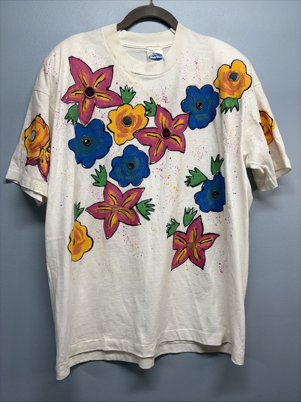 Vintage Hand Painted Floral T-shirt 90s Bling Puff Paint Single Stitch OS USA